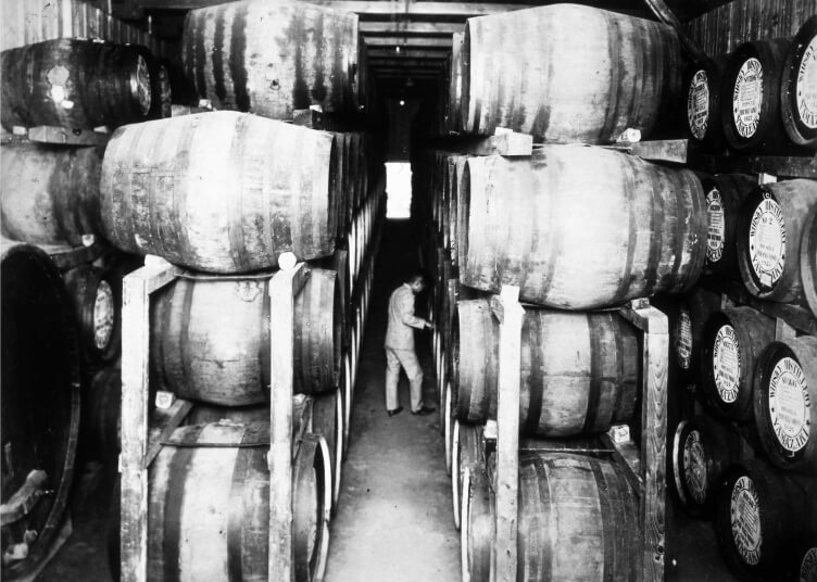 Historic black-and-white photo of the Mizunara cask room
