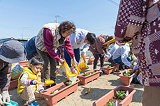 Planting flowers at a temporary housing facility in Kumamoto