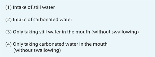 (1) Intake of still water (2) Intake of carbonated water (3) Only taking still water in the mouth (without swallowing) (4) Only taking carbonated water in the mouth (without swallowing)