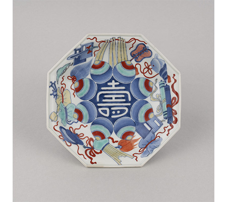 Octagonal Dish with Kotobuki Character and Myriad Treasures Design in Underglaze Blue and Overglaze Enamels Nabeshima Domain Kiln