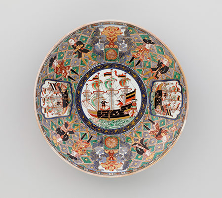 色絵五艘船文独楽形鉢